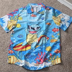 Blue Cartoon Surfing Turtle Short-Sleeve Button-Down Shirt